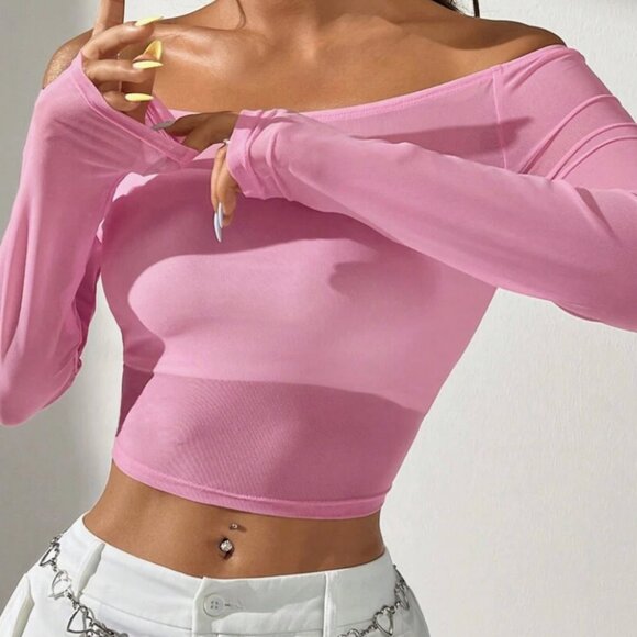 Sheer Pink Off-the-shoulder Long Sleeve Top - Picture 4 of 7
